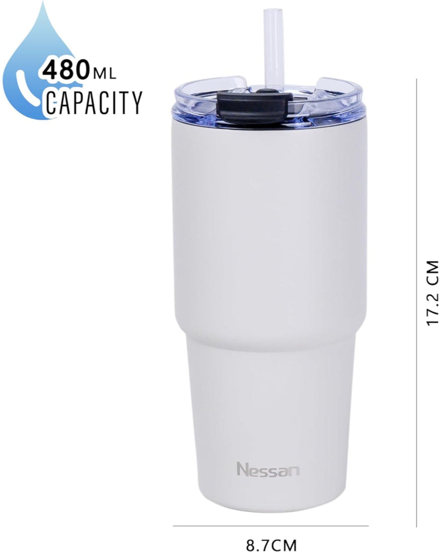Nessan Double Wall Stainless Steel Vacuum Insulated Travel Mug Tumbler with Dual Function Lid and Straw for Water, Iced Tea or Hot Coffee, Smoothie and More (Beige, 480ml)