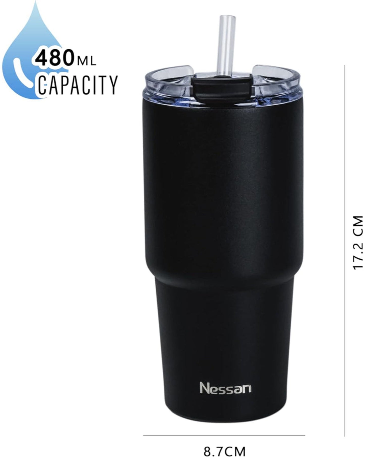 Nessan Double Wall Stainless Steel Vacuum Insulated Travel Mug Tumbler with Dual Function Lid and Straw for Water, Iced Tea or Hot Coffee, Smoothie and More (Black, 480ml)