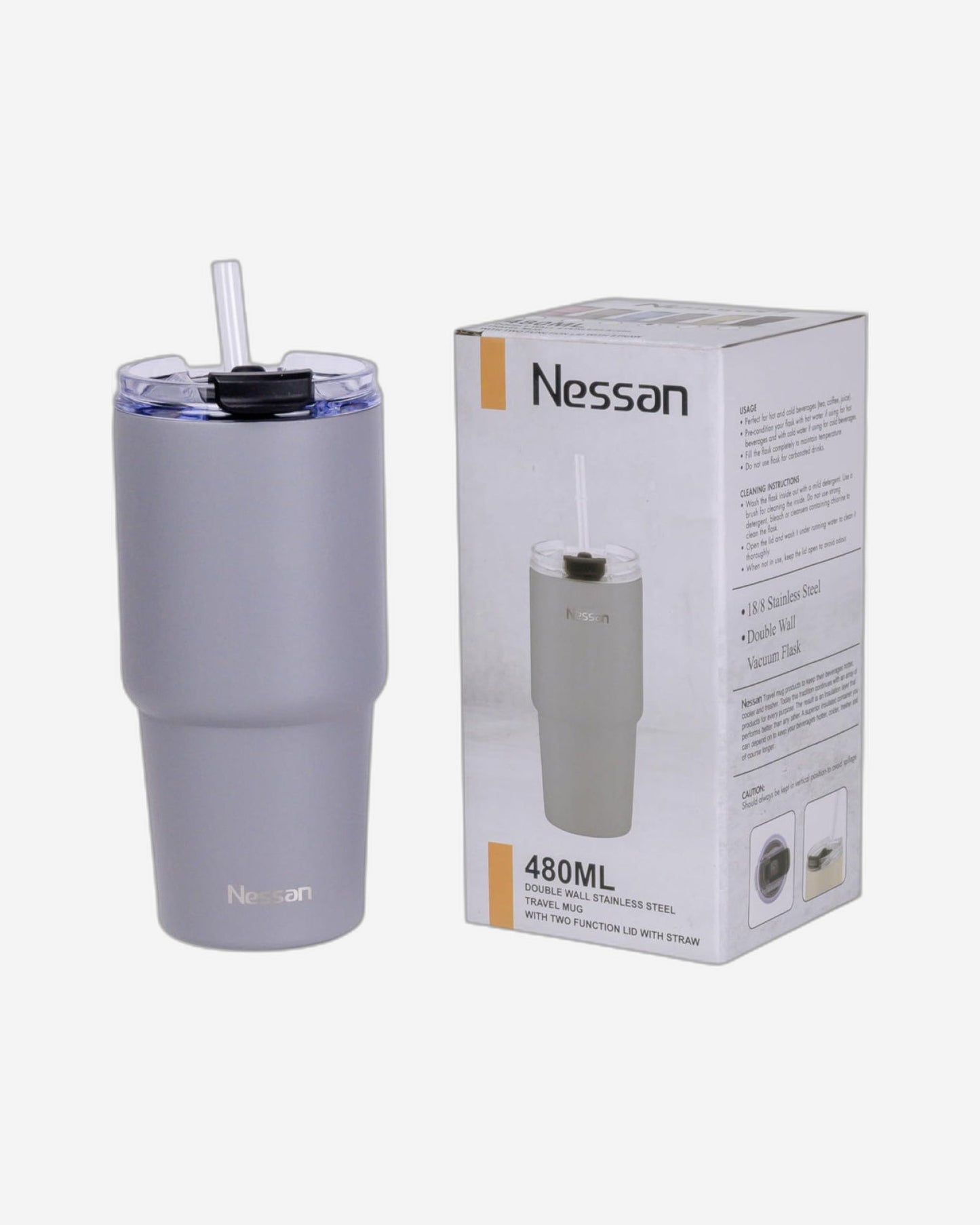 Nessan Double Wall Stainless Steel Vacuum Insulated Travel Mug Tumbler with Dual Function Lid and Straw for Water, Iced Tea or Hot Coffee, Smoothie and More (Grey, 480ml)