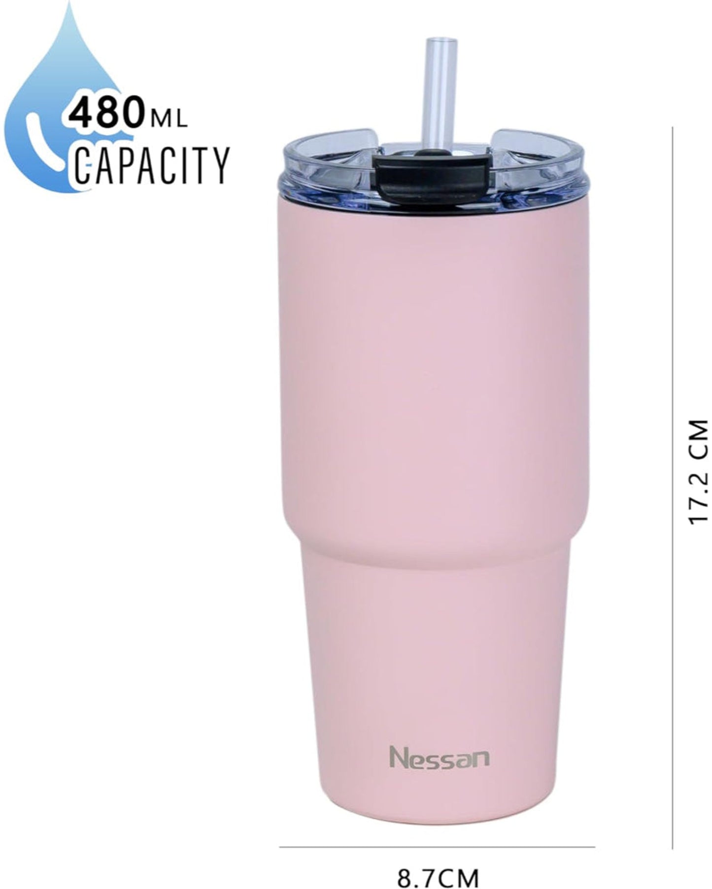 Nessan Double Wall Stainless Steel Vacuum Insulated Travel Mug Tumbler with Dual Function Lid and Straw for Water, Iced Tea or Hot Coffee, Smoothie and More (Pink, 480ml)