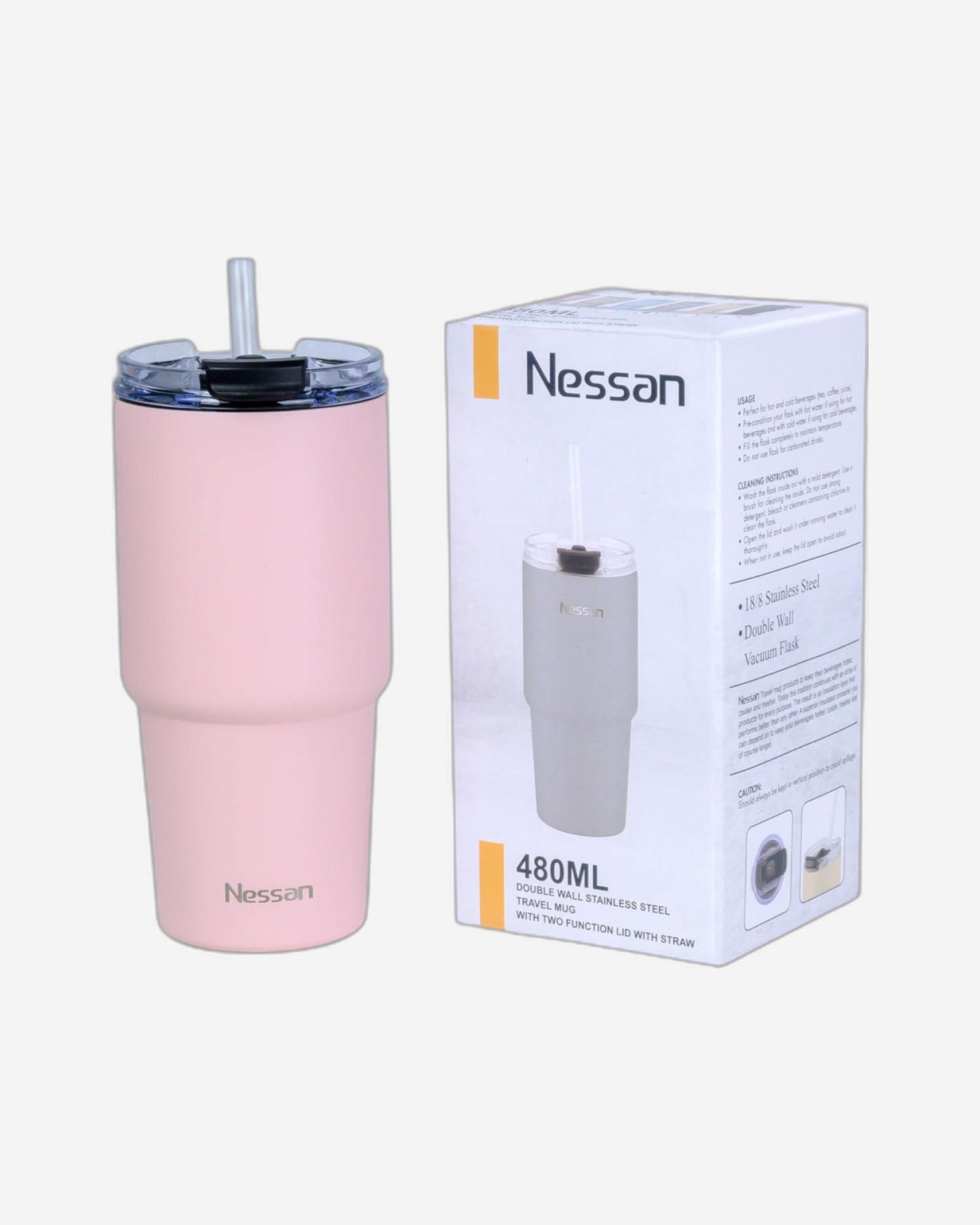Nessan Double Wall Stainless Steel Vacuum Insulated Travel Mug Tumbler with Dual Function Lid and Straw for Water, Iced Tea or Hot Coffee, Smoothie and More (Pink, 480ml)