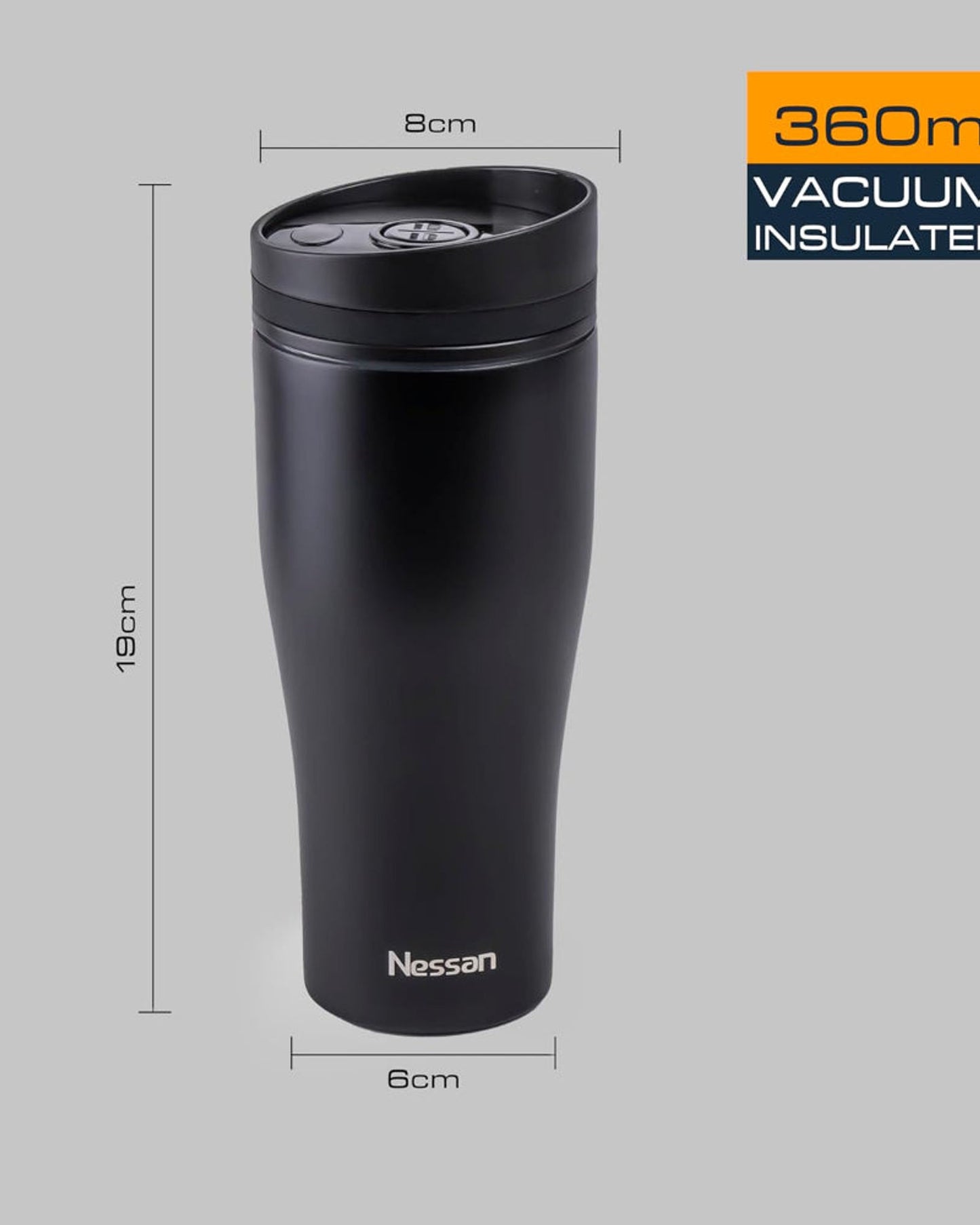 Nessan Insulated Stainless Steel Vacuum Mug, 360ml - Your Perfect Portable Thermal Tumbler for Hot and Cold Beverages Anywhere: Home, Gym, Outdoors, Office, and School - Black