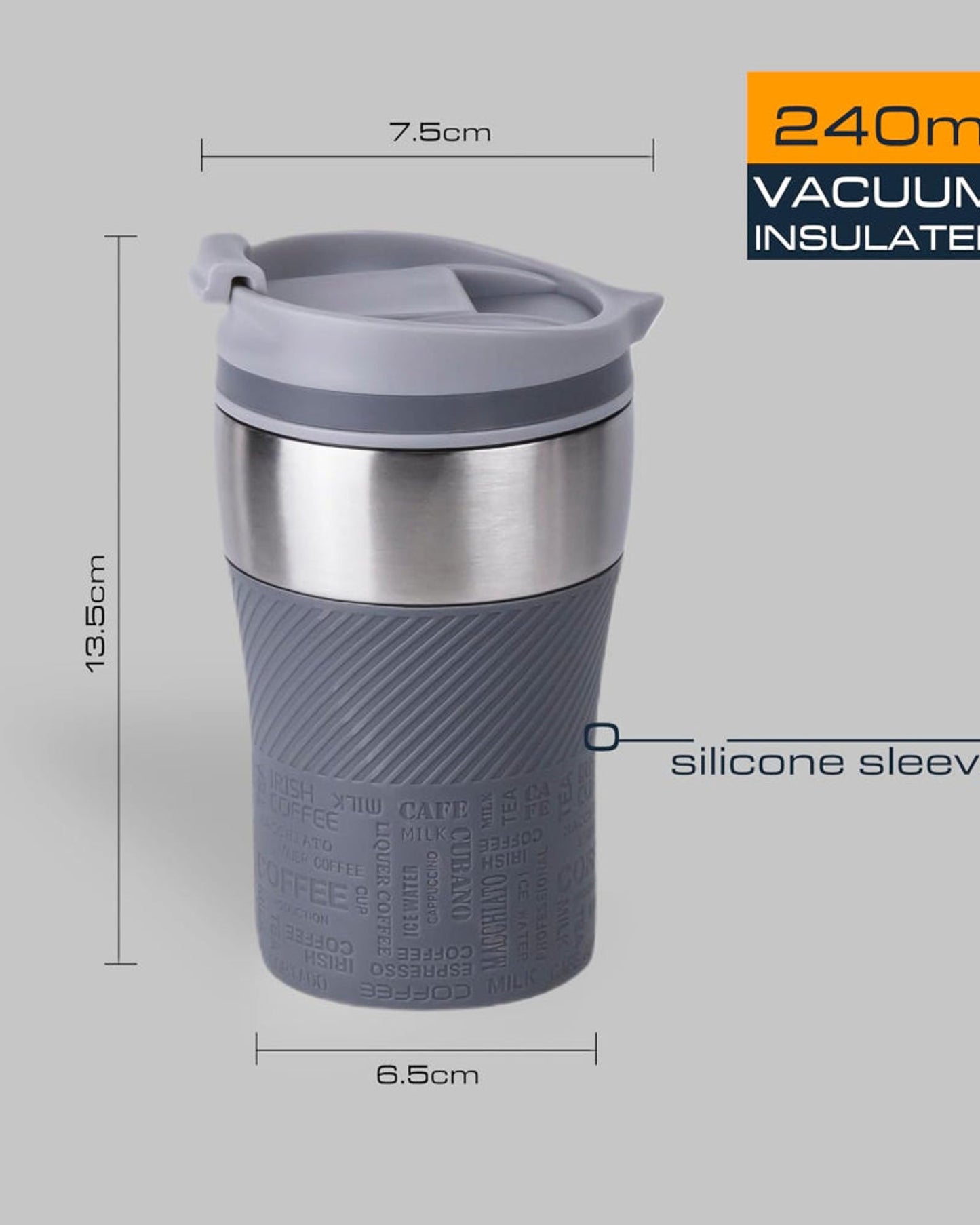 Nessan Insulated Stainless Steel Vacuum Mug, 240ml - Your Compact Travel Essential for Hot and Cold Beverages Anywhere: Home, Gym, Outdoors, Office, and School - Grey