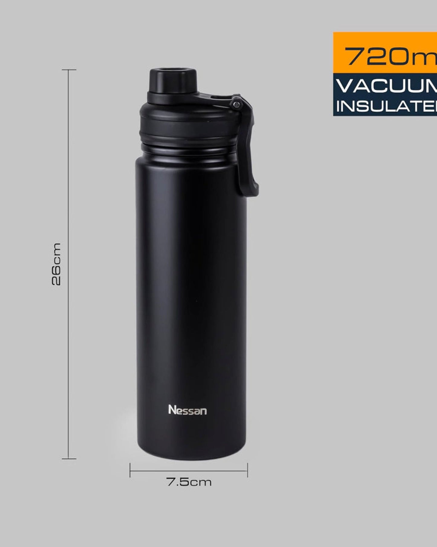 Nessan 720ml Travel Flask – Double Wall Insulated Stainless Steel Vacuum Bottle for Hot and Cold Beverages - Black
