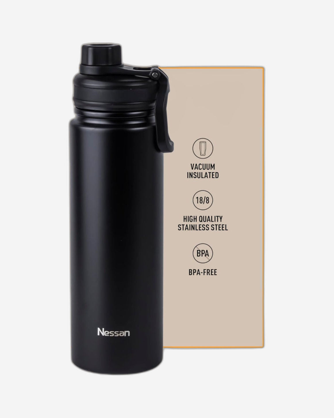 Nessan 720ml Travel Flask – Double Wall Insulated Stainless Steel Vacuum Bottle for Hot and Cold Beverages - Black