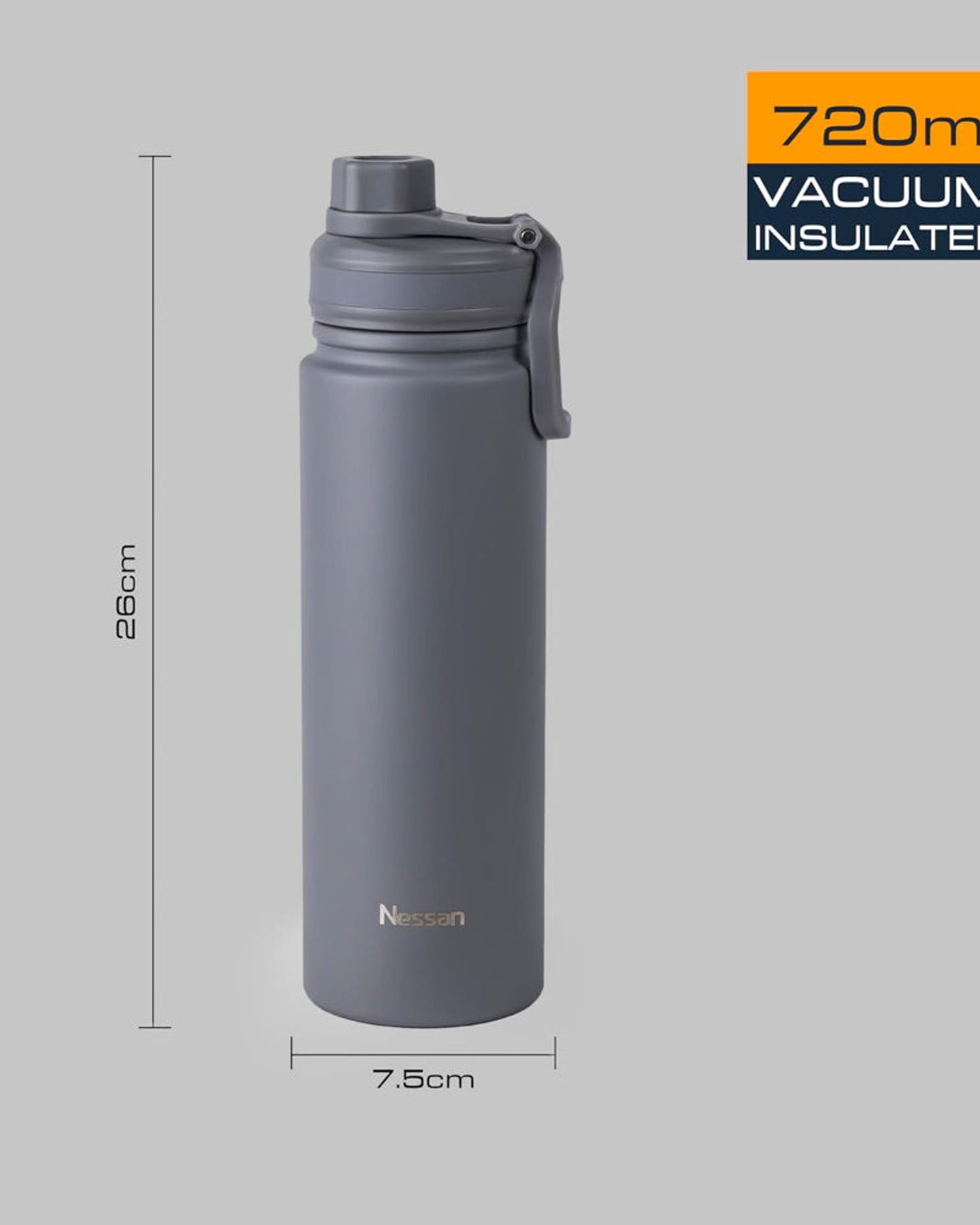 Nessan 720ml Travel Flask – Double Wall Insulated Stainless Steel Vacuum Bottle for Hot and Cold Beverages - Grey
