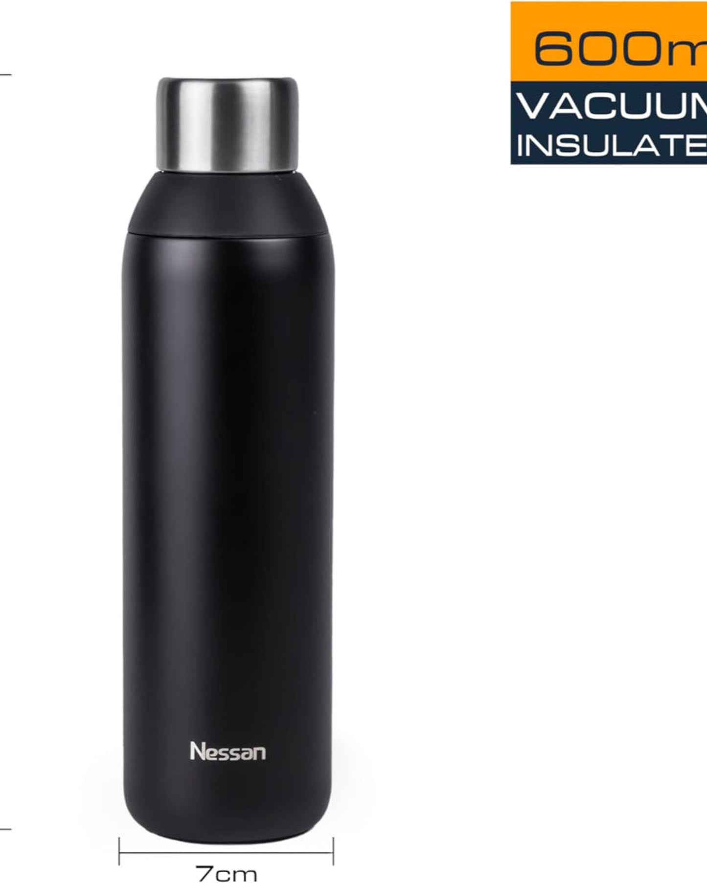 Nessan Double Wall Insulated Stainless Steel Vacuum Bottle, 600ml - Your Reliable Travel Flask for Hot and Cold Beverages - Black