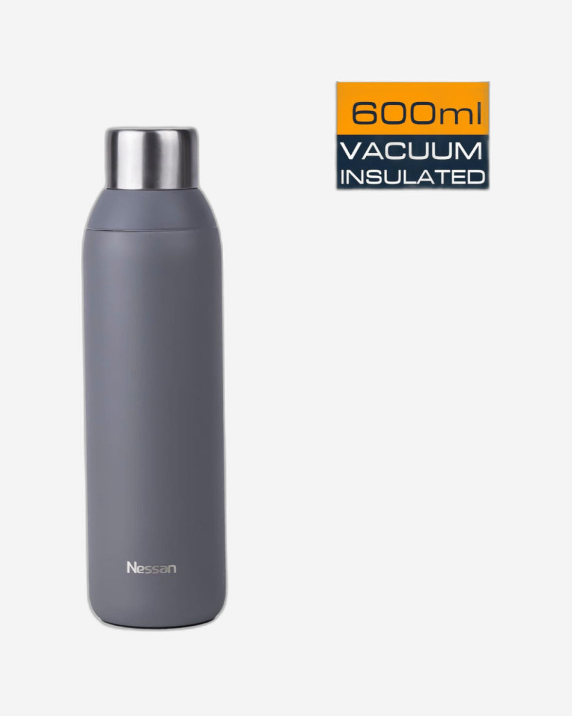 Nessan Double Wall Insulated Stainless Steel Vacuum Bottle, 600ml - Your Reliable Travel Flask for Hot and Cold Beverages - Grey