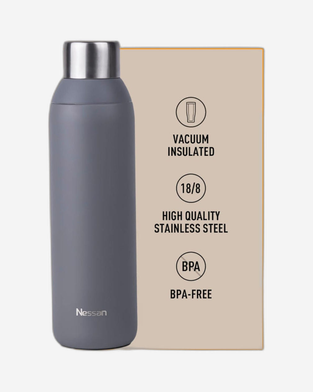 Nessan Double Wall Insulated Stainless Steel Vacuum Bottle, 600ml - Your Reliable Travel Flask for Hot and Cold Beverages - Grey