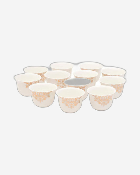 Shallow Bone China Gawa Cups, 12-Piece Set – White and Gold Elegant Arabic Coffee Cups