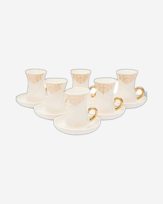 Shallow Bone China Istikan Tea Cup and Saucer Set, 12-Piece – White and Gold