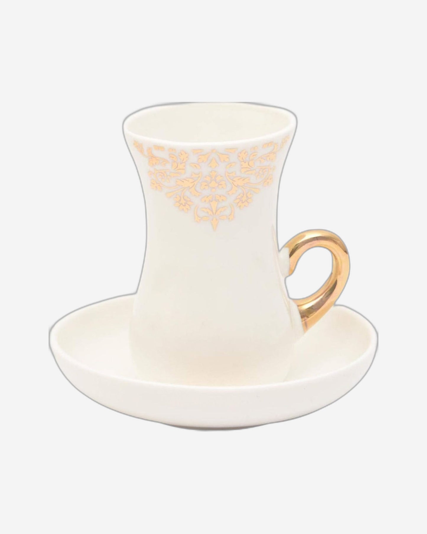 Shallow Bone China Istikan Tea Cup and Saucer Set, 12-Piece – White and Gold