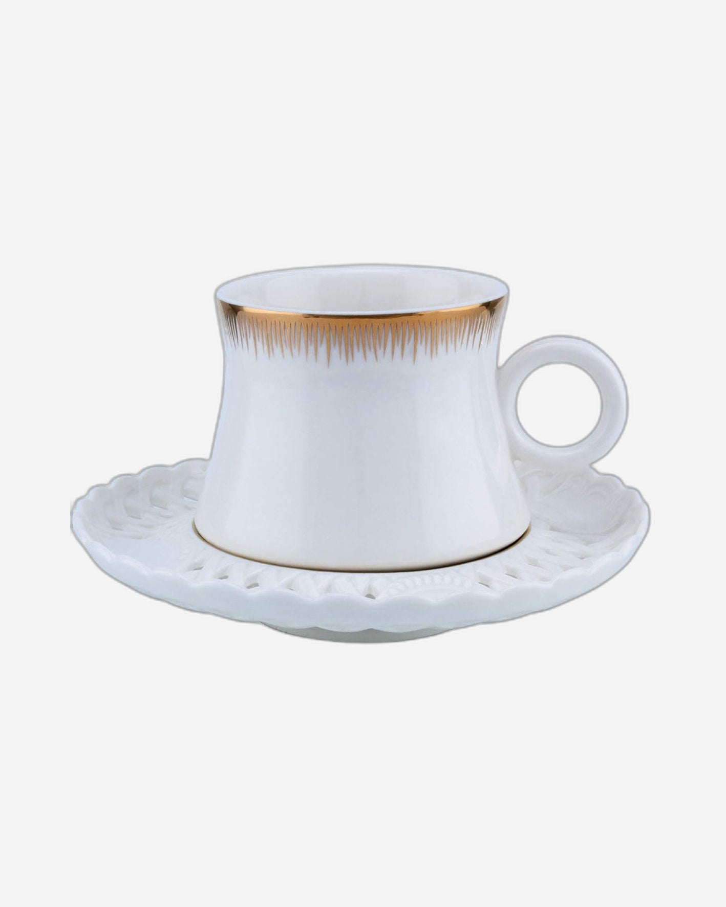 Shallow Bone China Tea Cup and Saucer Set, 12-Piece – White/Gold, 220ml