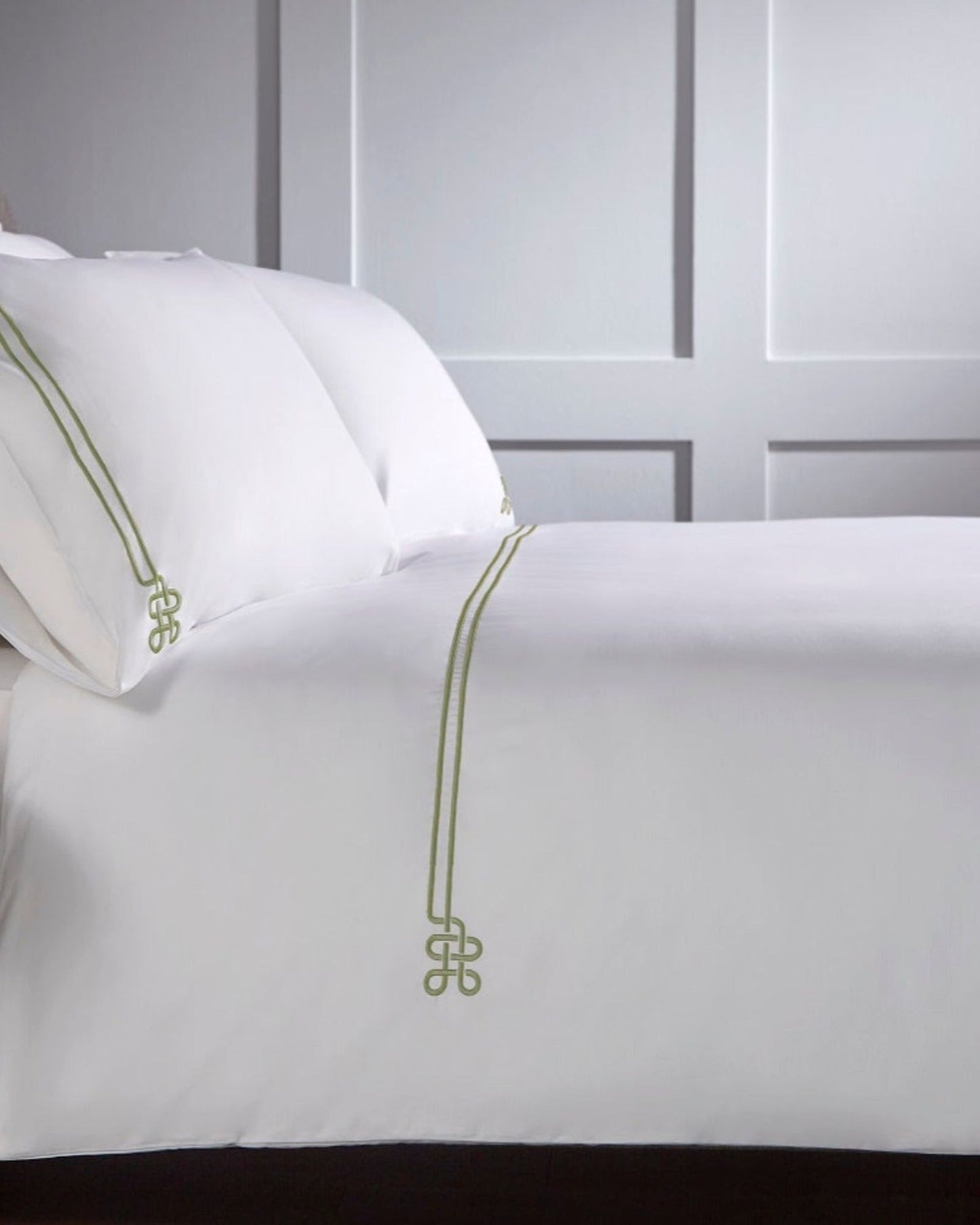 Christy "Fulton" Duvet Cover Sets - White with Sage Green Embroidery