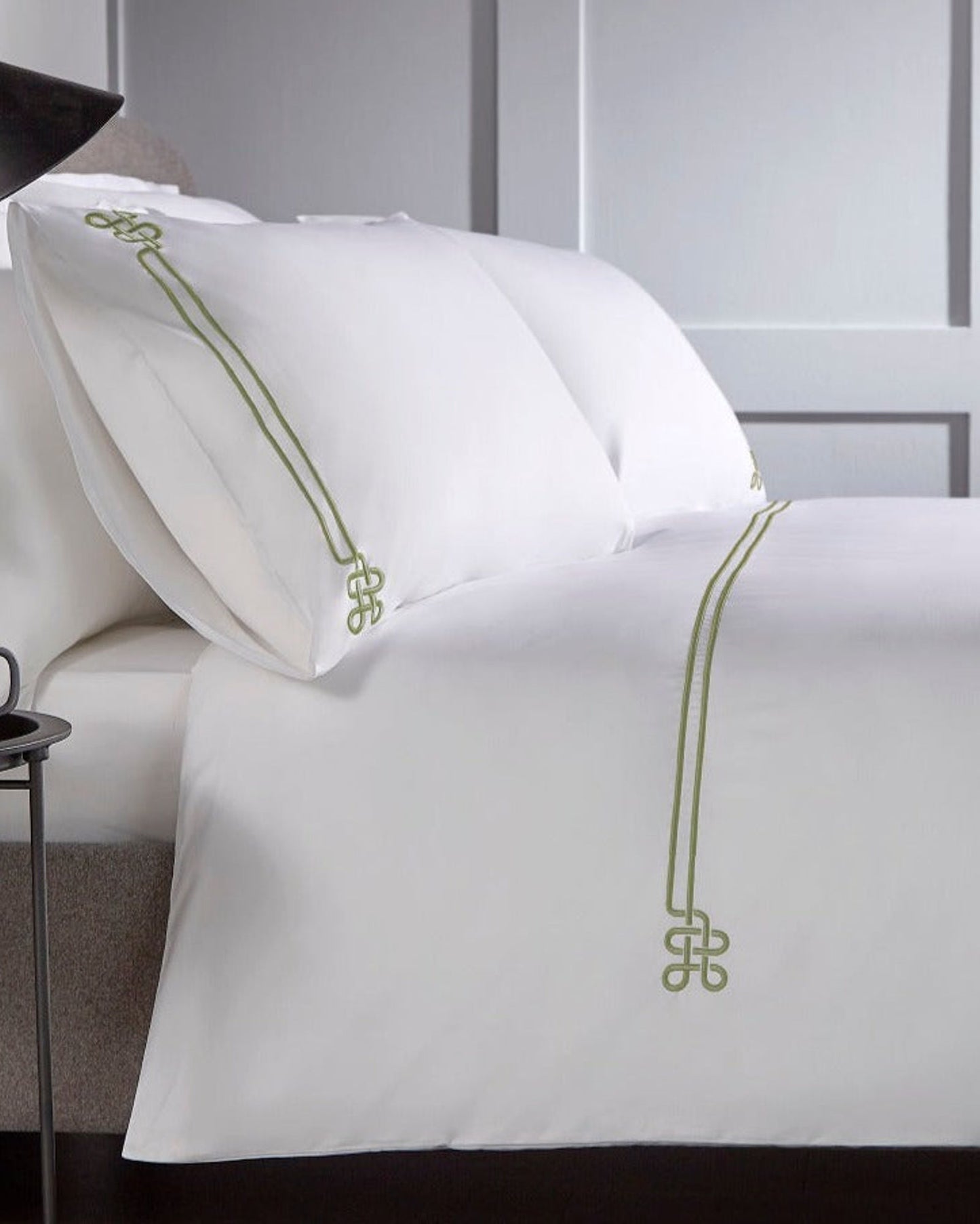Christy "Fulton" Duvet Cover Sets - White with Sage Green Embroidery