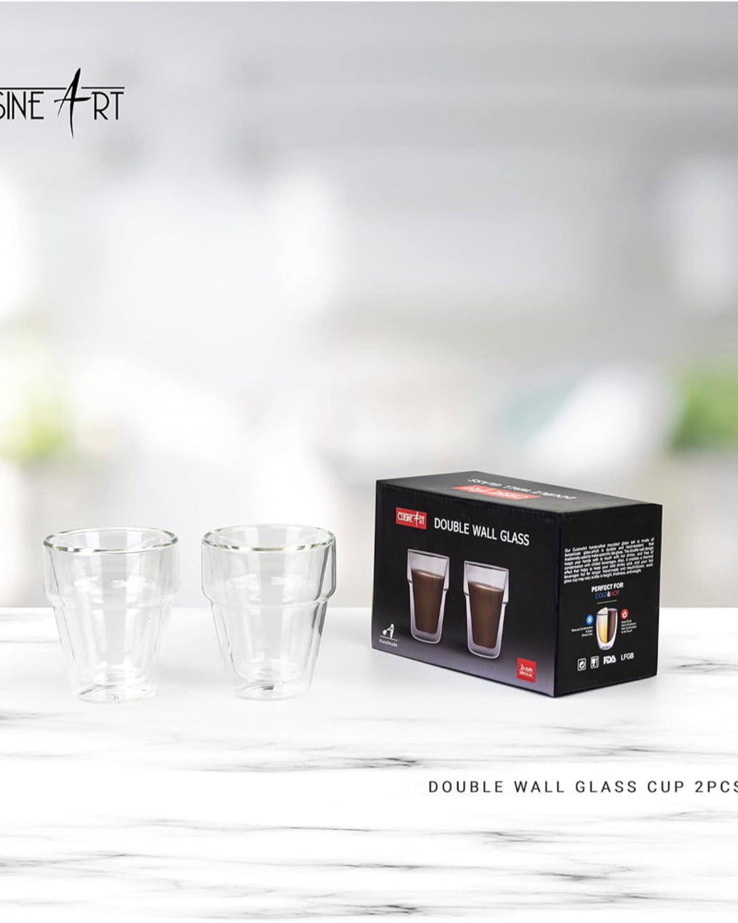 Cuisine Art Clear Expresso Coffee Cups, Insulated Coffee Mug, Heat-Resistant Double Wall Glass Cups, Tea Whiskey Mugs, Coffee Mug, 180ml - 2Pcs Set