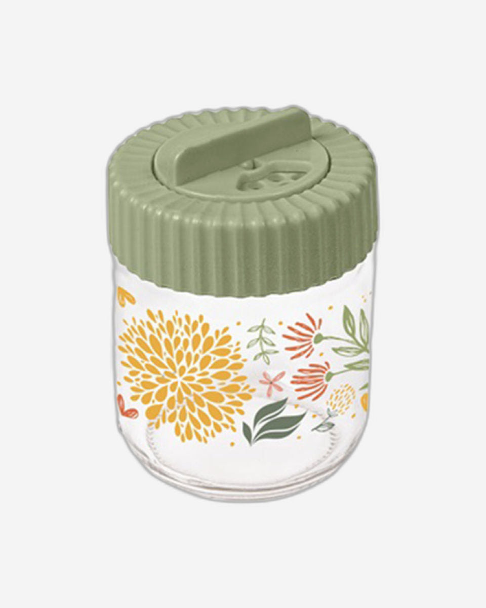 Herevin 200ml Glass Decorated Spice Jar with Airtight PP Green Lid - Botanic Design, SCT, Transparent