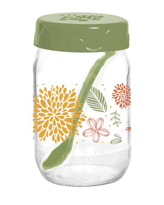 Herevin 370ml Glass Spice Jar with Decorative PP Green Lid and Spoon Botanic, Transparent