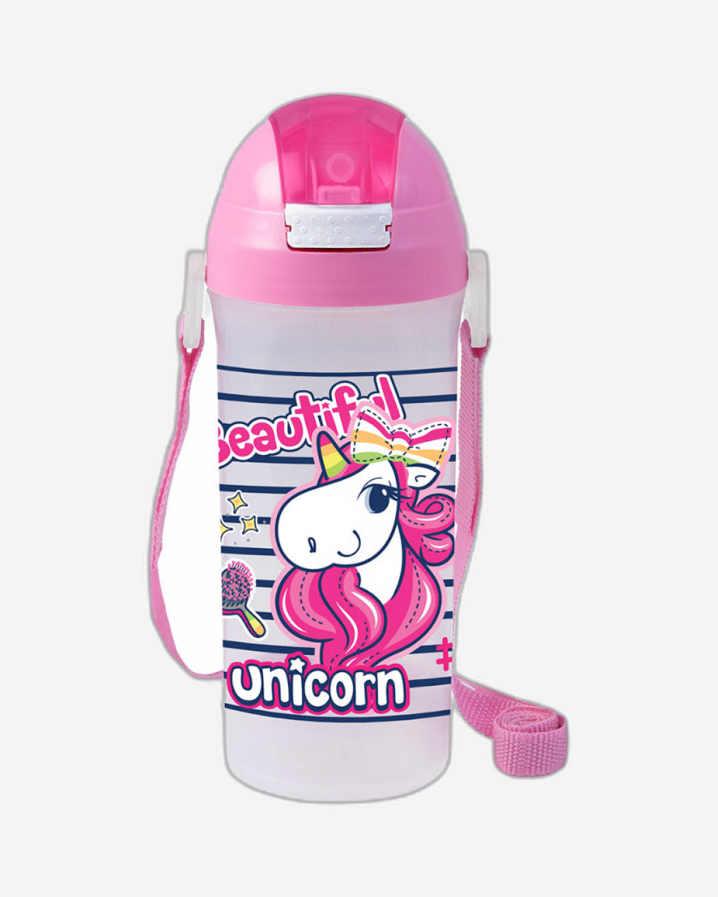 Herevin 610ml Unicorn Printed School Bottle with Straw - BPA-Free Kids Water Bottle Made of PP, TPE, Silicone & Steel, Pink