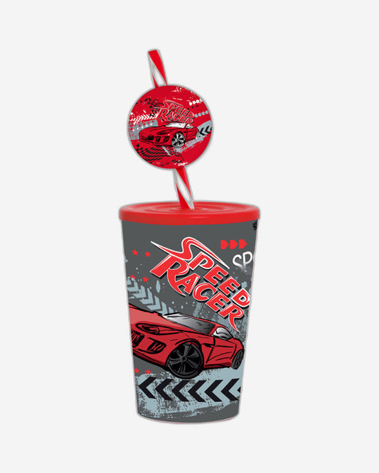 Herevin 340ml Speed Racer Printed Kids Tumbler with Fancy Straw – Multicolor BPA-Free PP Sipper Cup with Secure Lid
