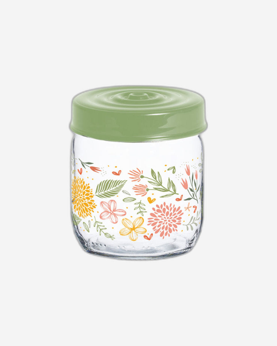 Herevin 425ml Glass Spice Jar with Decorative PP Green Lid Botanic, Transparent