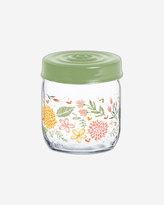 Herevin 425ml Glass Spice Jar with Decorative PP Green Lid Botanic, Transparent