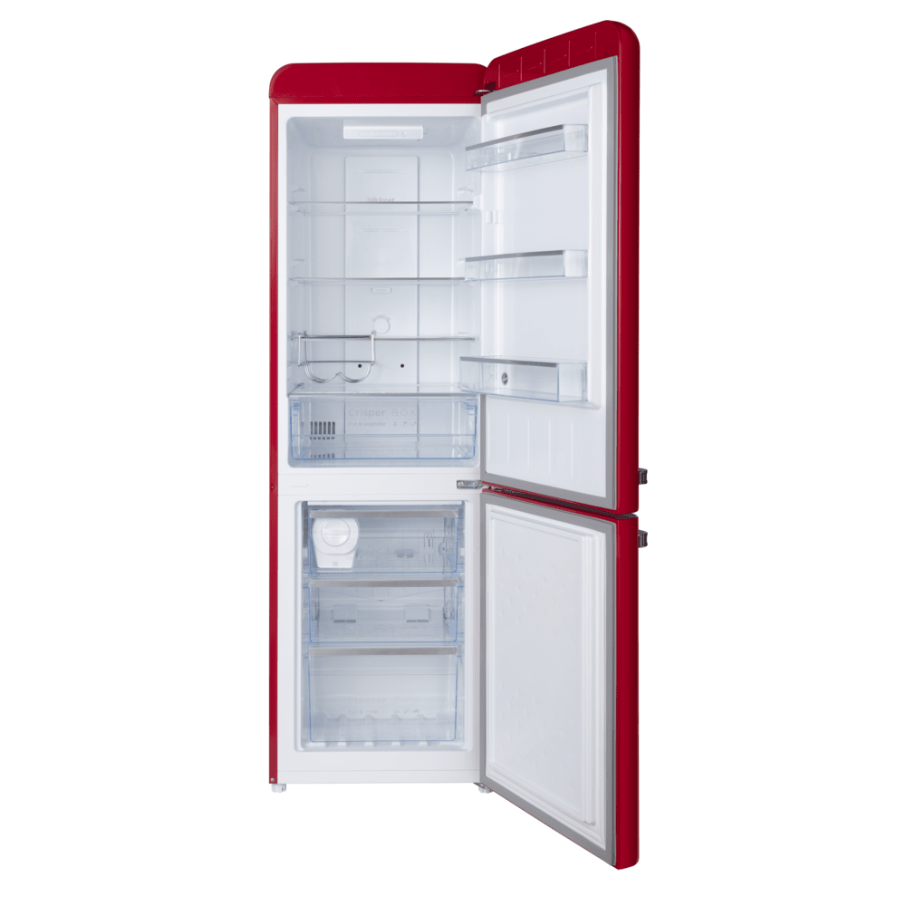 Hoover 300L Bottom Mount Retro Style Refrigerator, Total No Frost Design, Metal Texture Handle, Electronic Control & LED Light, Silver Strip & Ice Twister, 1 Year Warranty,Red - HBR-M300-RR