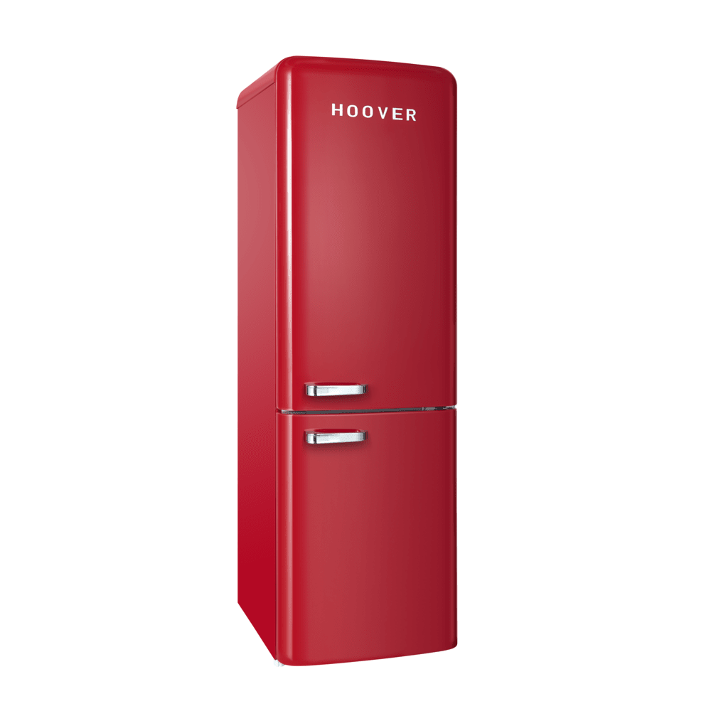 Hoover 300L Bottom Mount Retro Style Refrigerator, Total No Frost Design, Metal Texture Handle, Electronic Control & LED Light, Silver Strip & Ice Twister, 1 Year Warranty,Red - HBR-M300-RR