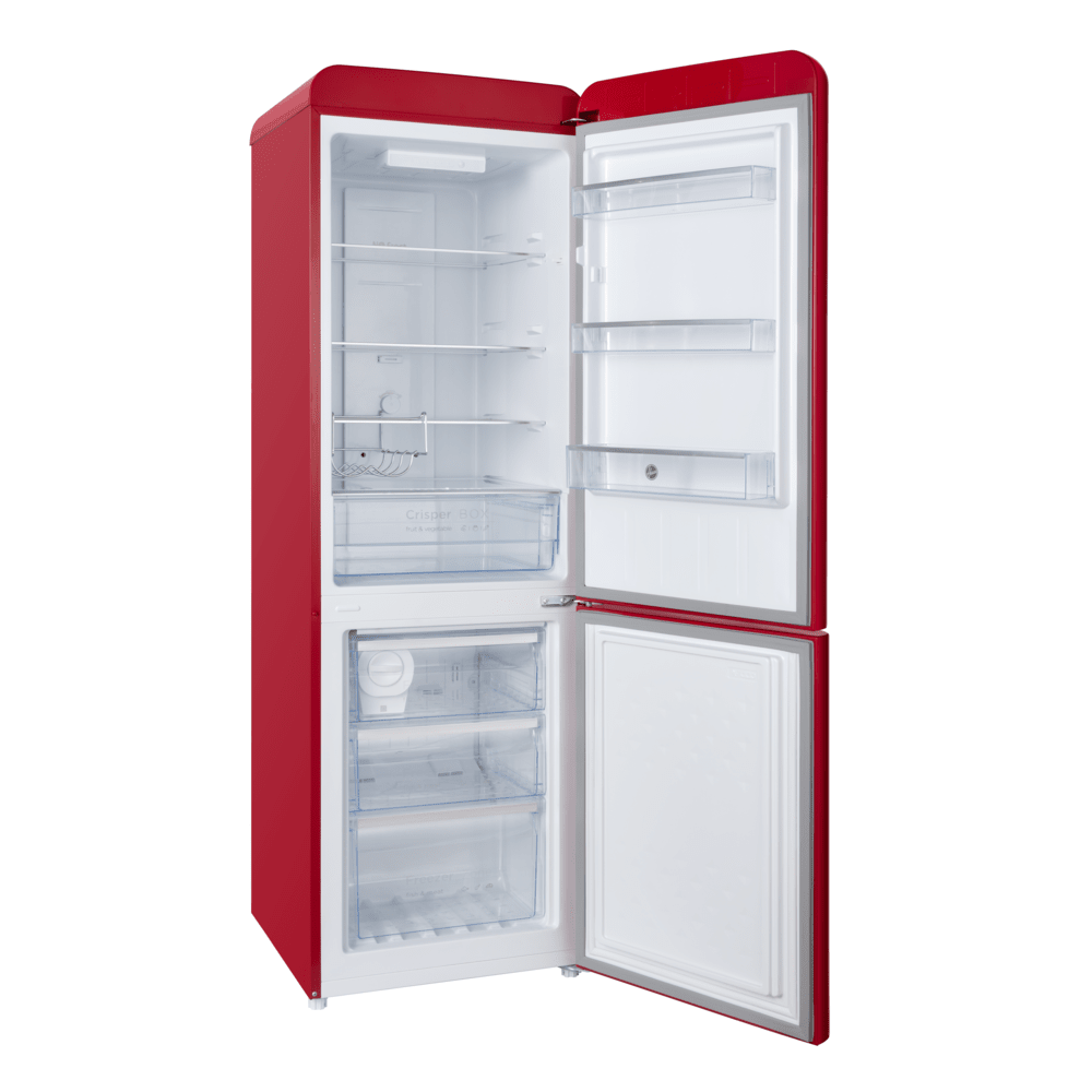 Hoover 300L Bottom Mount Retro Style Refrigerator, Total No Frost Design, Metal Texture Handle, Electronic Control & LED Light, Silver Strip & Ice Twister, 1 Year Warranty,Red - HBR-M300-RR