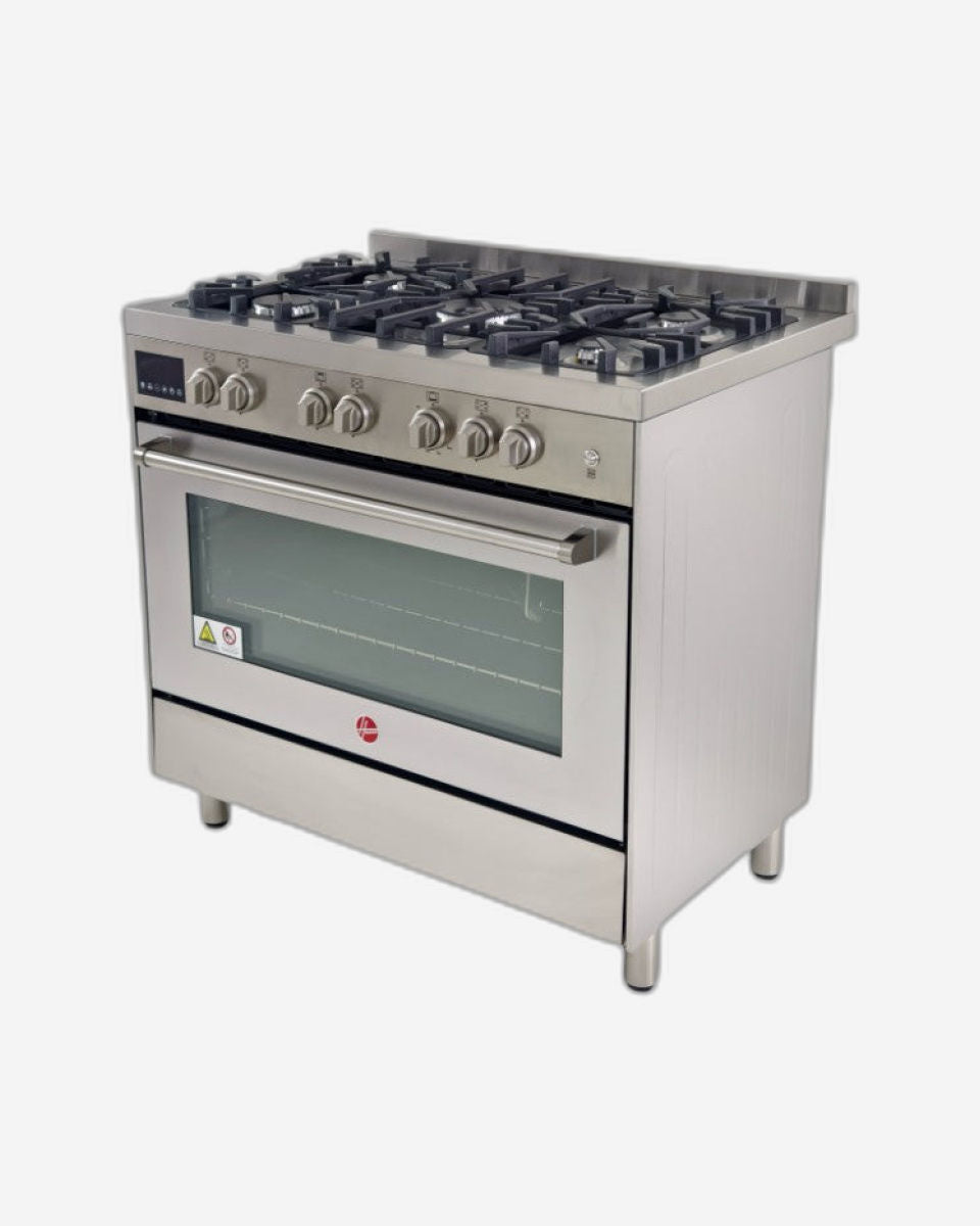 Hoover 90x60 Full Gas Cooker with 5 Gas Burners(1 Wok), Full Safety,Gas Oven & Grill, Auto Ignition, H Cast Iron Support, Cooling & Convection Fan, 3 Layer Glazed Doo, Stainless Steel -HGC-G95G-PS