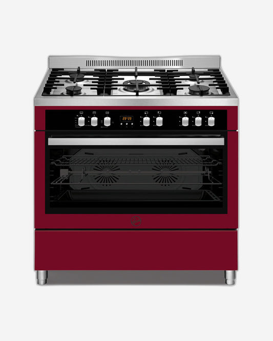 Hoover Full Gas Cooker Oven, 90x60 cm, 5 Gas Burner with 2 Convection Fans 1 Cooling Fan, Self-Cleaning, Close Dooor Grilling, Cranberry Red, 1 Year Warranty,Made in Turkey - HGC-S95G-R
