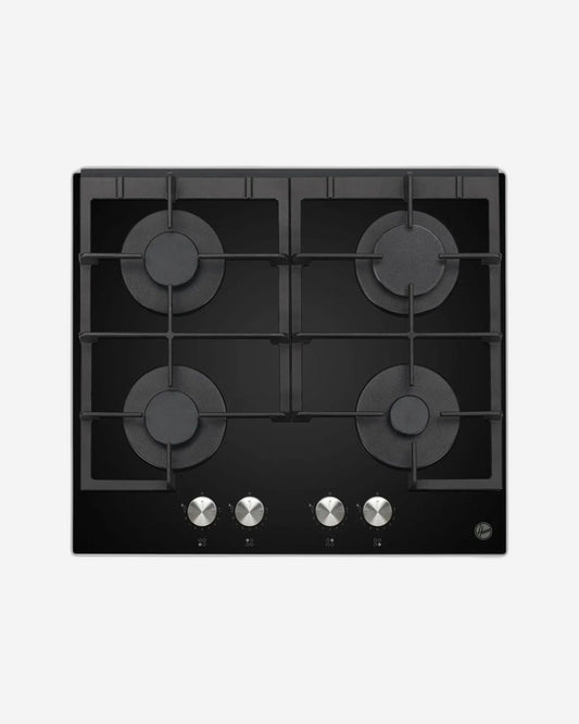 Hoover 60CM Gas Built-In Hob, 4 Gas Burner Hob, Cast Iron, One Touch Ignition,Full Safety, 9 Flame Levels, Premium Tempered Black Glass, Made in Turkey, 1 Year Warranty - HGH-V64G-GBI