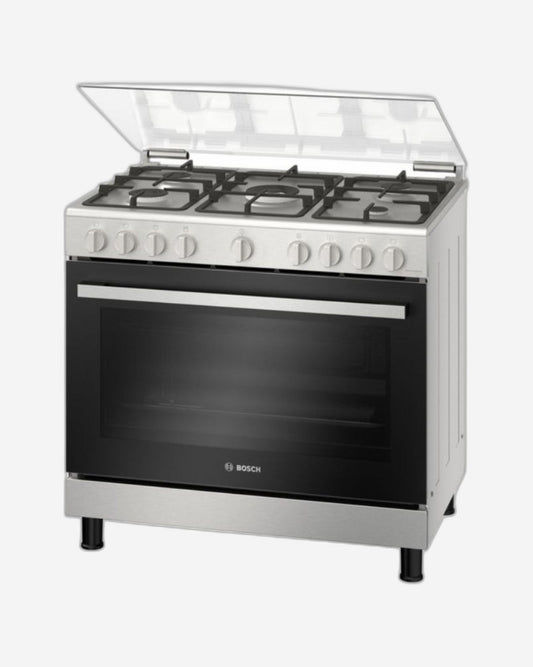 Bosch Series 2, 125L Gas Range Cooker with XXL Oven, Wok Burner & Safety Features - HGV1D8W50M Stainless Steel