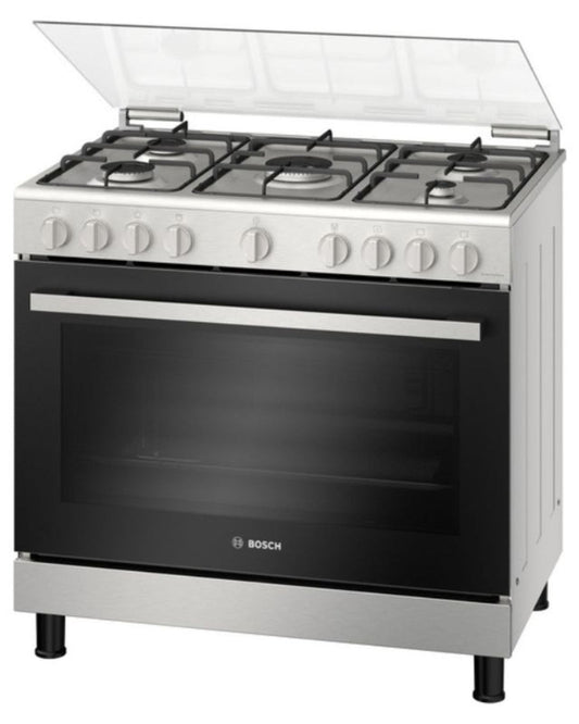 Bosch Series 4, 5 Burner Gas Range Cooker with 125L Oven, Rotisserie & Burners - HGV1ISW50M Stainless Steel