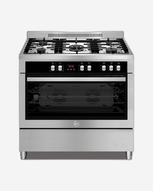 Hoover Full Multi Function Gas Cooker Oven, 90x60 cm, 5 Gas Burner & Electric Oven with 2 Convection Fans 1 Cooling Fan, Digital Timer, 1 Year Warranty, Made in Turkey Stainless Steell - HMC-S95E-S