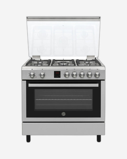 Hoover Freestanding Gas Cooker, 90 x 60 cm, 5 Burner Gas Top, Electric Oven, Auto Ignition, Cooling Fan, Safety Features, Made in Turkey Stainless Steel, 1 Year Warranty,
