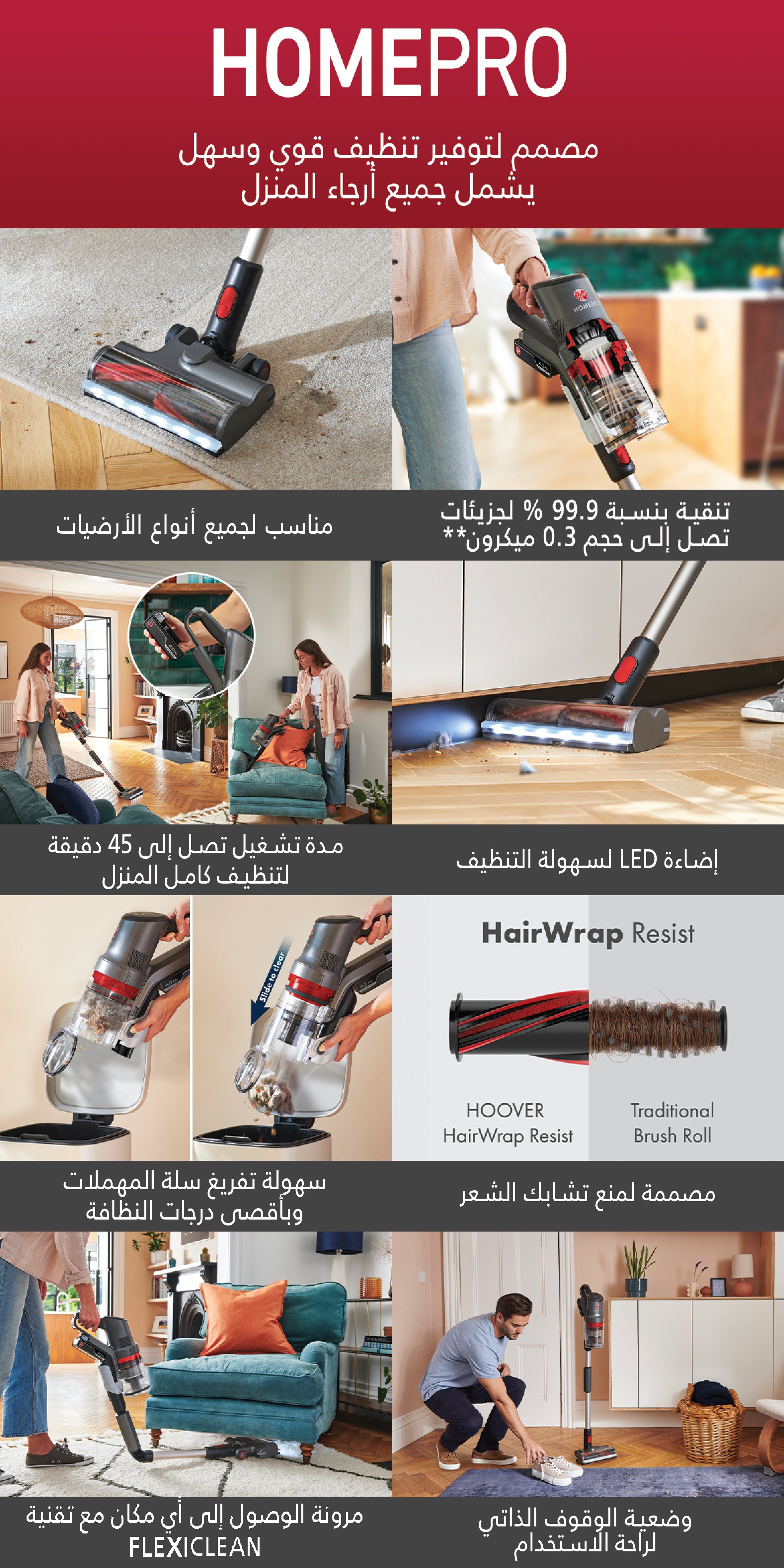Hoover Home Pro Cordless Stick Vacuum Cleaner, Lightweight & Powerful with Up to 45 Minutes Runtime, Includes Crevice Tool – CLSV-HPMS, Graphite/Red
