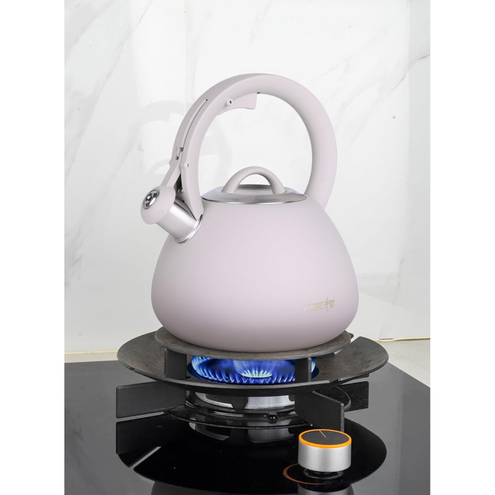 Cuisine Art JURA Stainless Steel Whistling Tea Kettle 3.0L, Beige, 201 Stainless Steel, Nylon Handle, Soft Touch Coating, Fast Boiling, 18/0 Single Bottom, Suitable for use on all stove tops