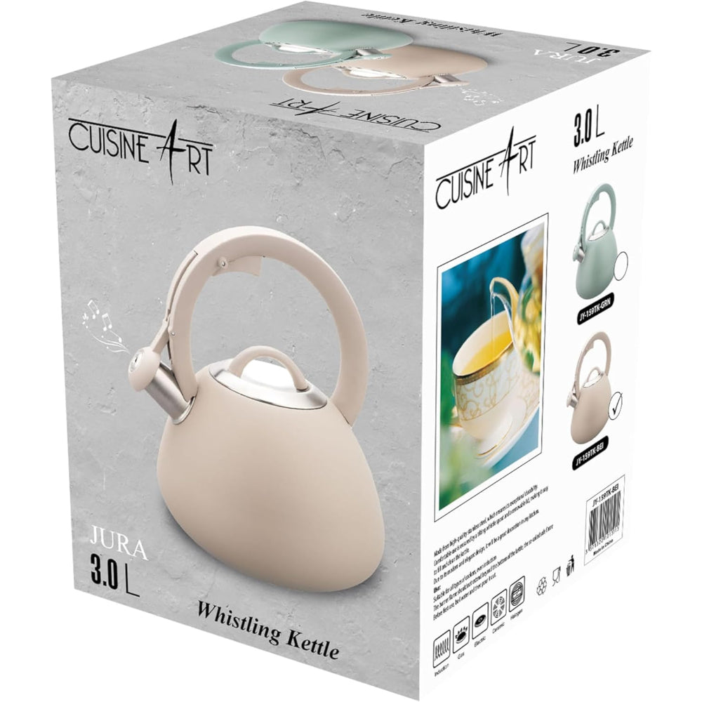 Cuisine Art JURA Stainless Steel Whistling Tea Kettle 3.0L, Beige, 201 Stainless Steel, Nylon Handle, Soft Touch Coating, Fast Boiling, 18/0 Single Bottom, Suitable for use on all stove tops