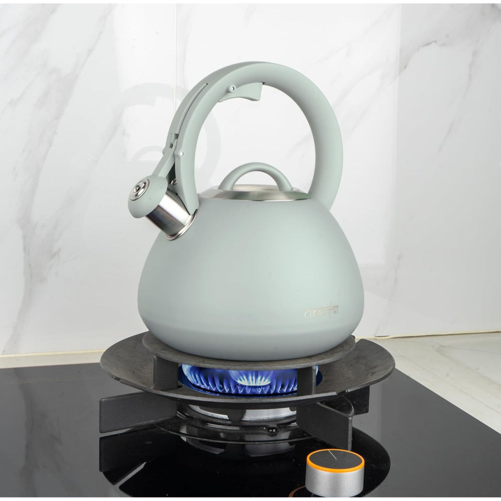 Cuisine Art JURA Stainless Steel Whistling Tea Kettle 3.0L, Green, 201 Stainless Steel, Nylon Handle, Soft Touch Coating, Fast Boiling, 18/0 Single Bottom, Suitable for use on all stove tops