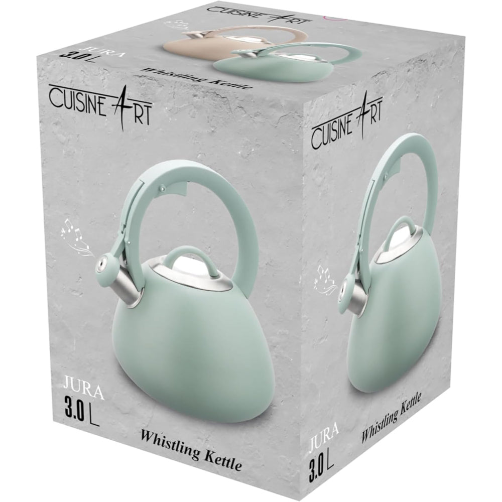 Cuisine Art JURA Stainless Steel Whistling Tea Kettle 3.0L, Green, 201 Stainless Steel, Nylon Handle, Soft Touch Coating, Fast Boiling, 18/0 Single Bottom, Suitable for use on all stove tops