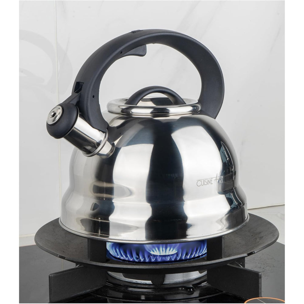 Cuisine Art CLARA 201 Stainless Steel Whistling Tea Kettle 2.5L, Silver, Mirror Polish, Fixed Nylon Handle, Satin Interior, Fast Boiling, Suitable for use on all stove tops