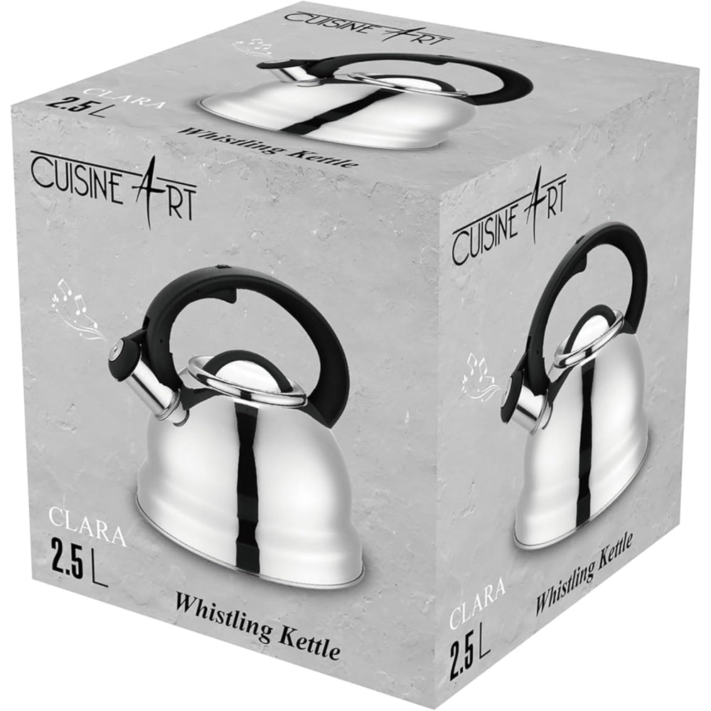 Cuisine Art CLARA 201 Stainless Steel Whistling Tea Kettle 2.5L, Silver, Mirror Polish, Fixed Nylon Handle, Satin Interior, Fast Boiling, Suitable for use on all stove tops