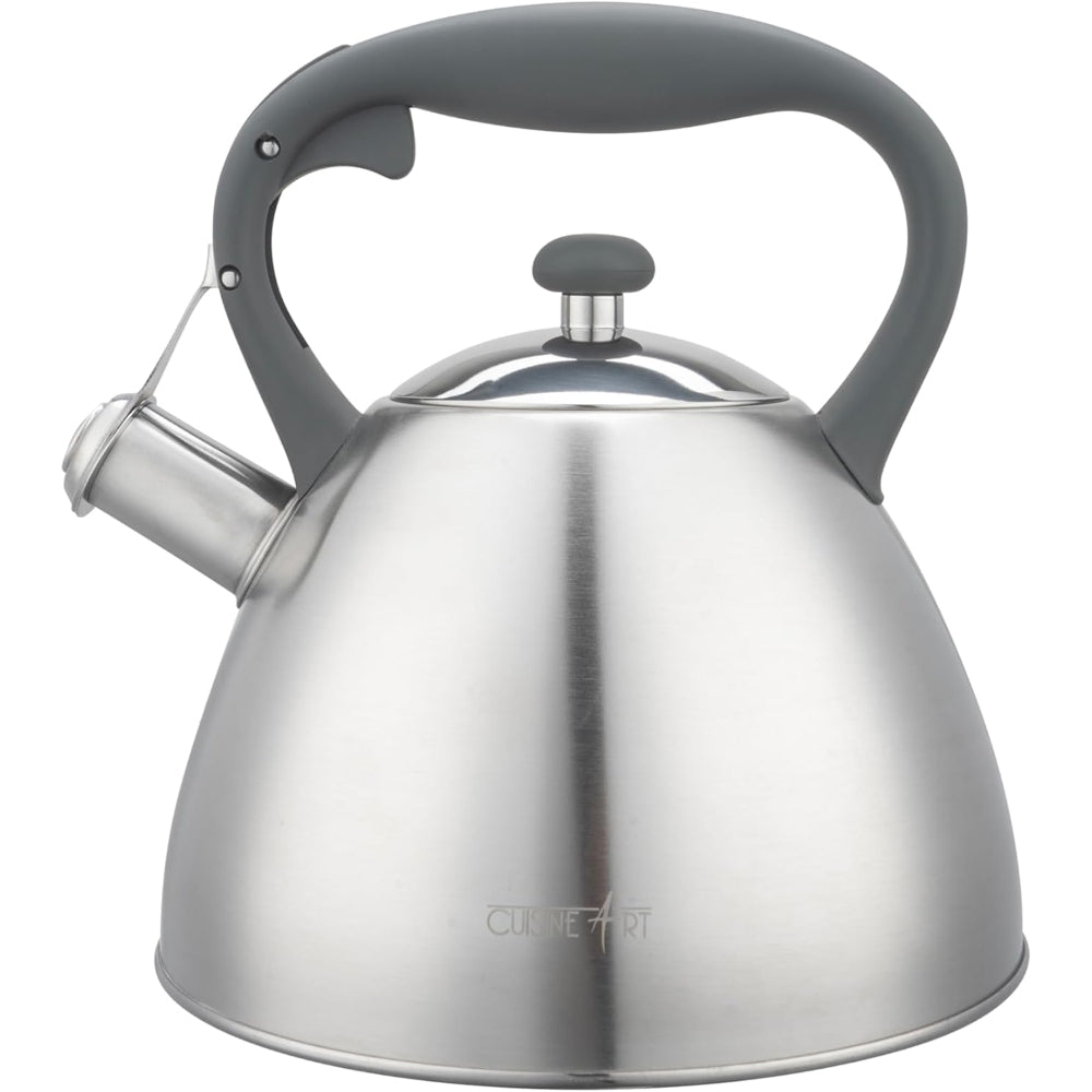 Cuisine Art BRIN Stainless Steel Whistling Tea Kettle 2.5L, Silver, Nylon Handle, Satin Finish, 201 Stainless Steel, Soft Touch Coating, 18/0 Single Bottom, Suitable for use on all stove tops
