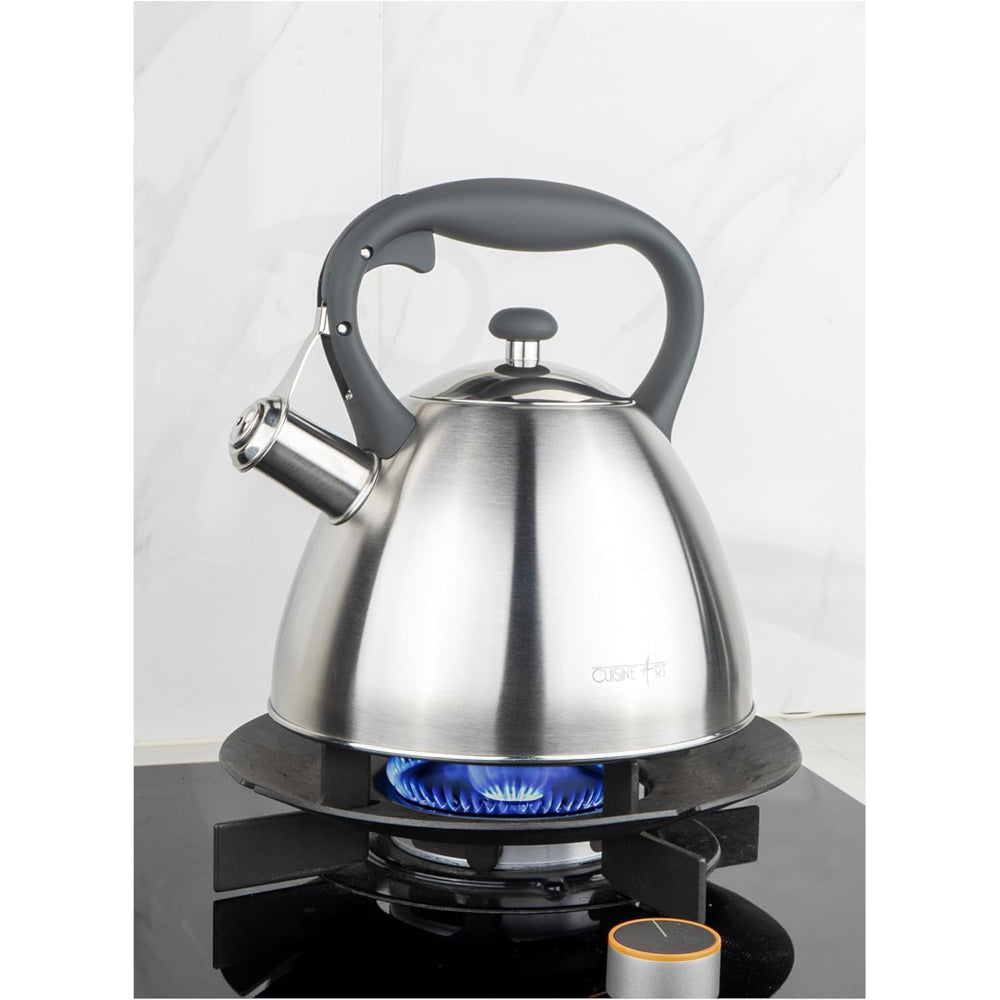 Cuisine Art BRIN Stainless Steel Whistling Tea Kettle 2.5L, Silver, Nylon Handle, Satin Finish, 201 Stainless Steel, Soft Touch Coating, 18/0 Single Bottom, Suitable for use on all stove tops