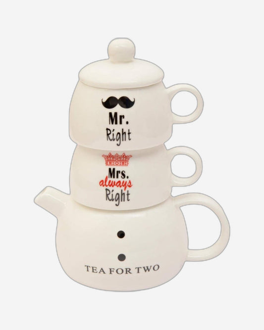 Shallow 2-Piece Mr. & Mrs. Tea Pot Mugs and Lid Set with Tea for Two Pot, Multi-Colour, Bone China – Elegant Tea Set for Couples