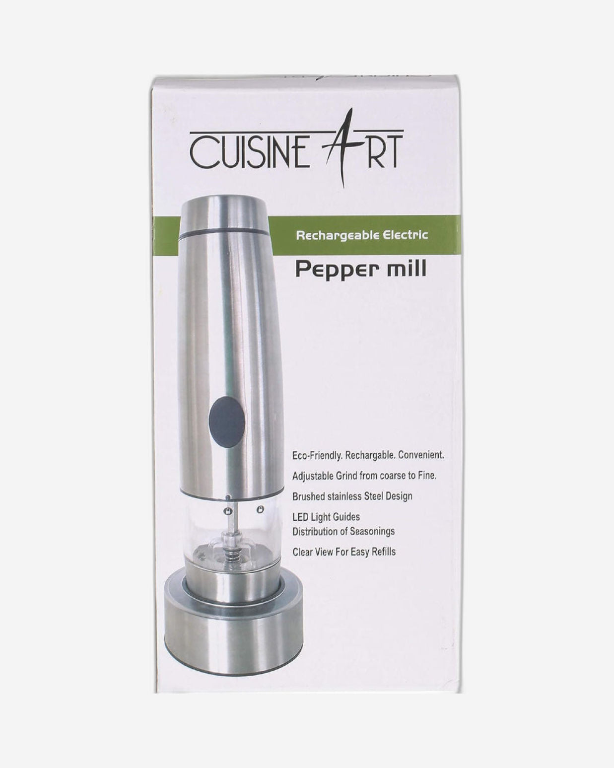 Cuisine Art Rechargeable Pepper Mill, Silver | Electric, Battery-Free | Adjustable Grind Settings for Fresh Pepper