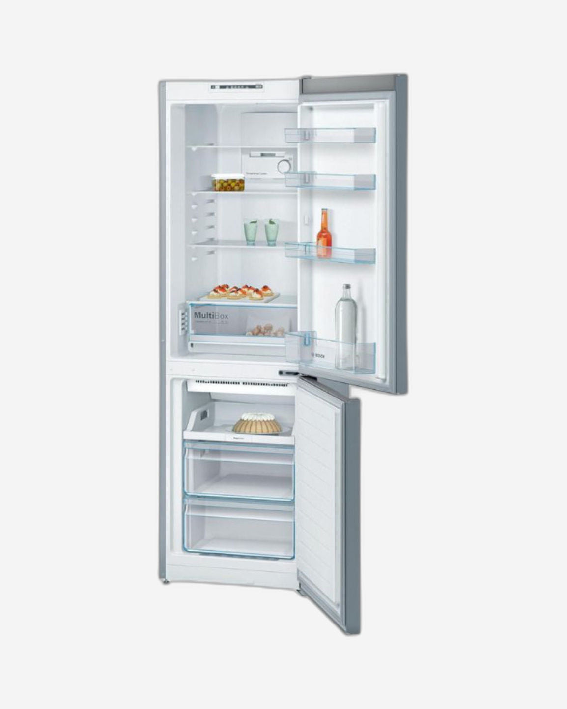 Bosch 329L Top Fridge Bottom Freezer – NoFrost, MultiAirflow, LED Lighting – KGN36NL30M, Silver Finish