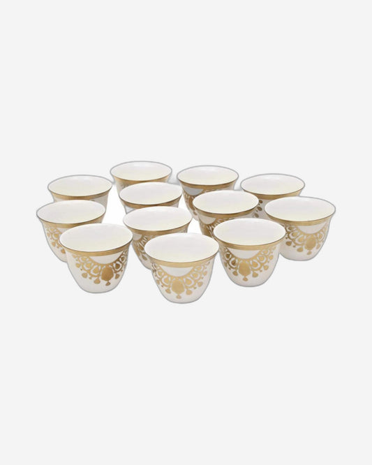Shallow Bone China 12-Piece Cawa Cup Set, White and Gold - Elegant Arabic Coffee Cups