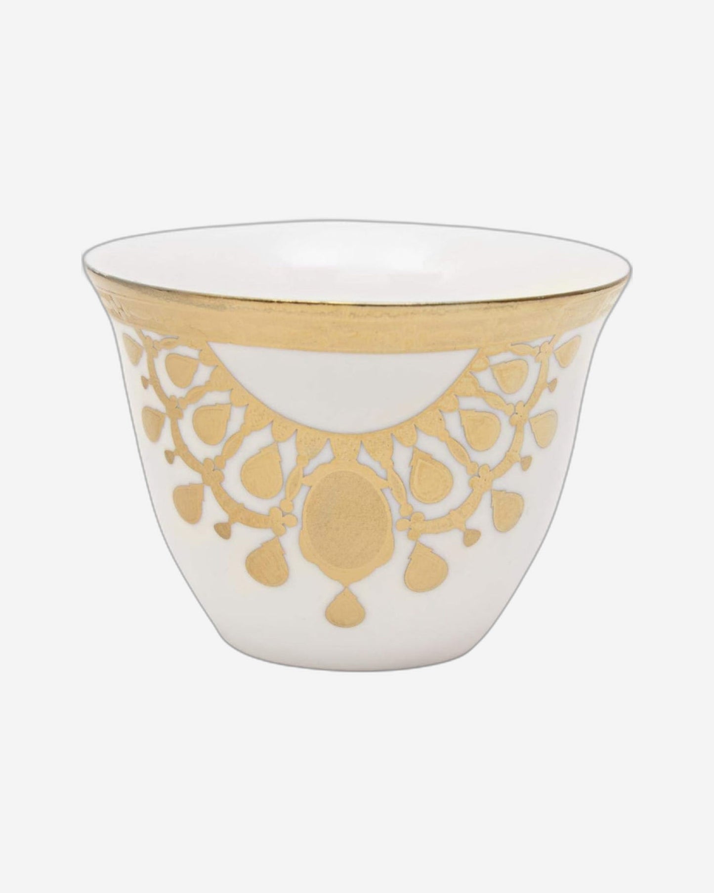 Shallow Bone China 12-Piece Cawa Cup Set, White and Gold - Elegant Arabic Coffee Cups